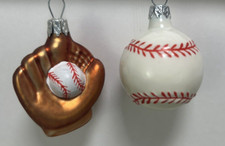 2 VTG Sports Glass Ornaments 2" Baseball Glove 1.5" Baseball Christmas