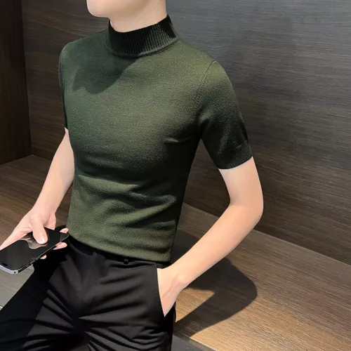 Half Turtle Neck Men Base Shirt Spring New Short-sleeved Sweater Knitted T-shirt - Picture 29 of 32
