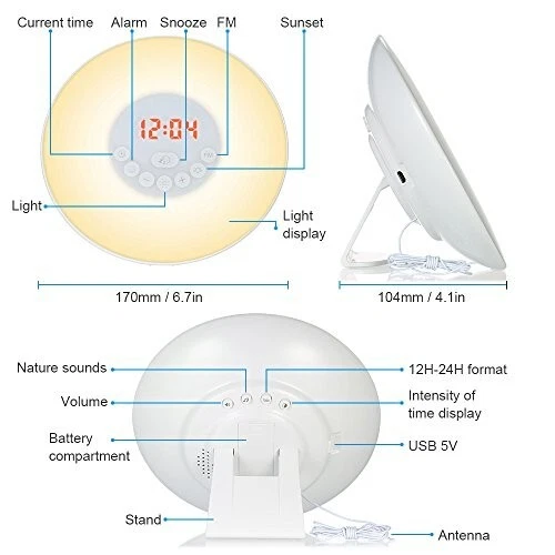 Wake Up Light Lamp Alarm Clock LED FM Radio Sunrise Sunset Simulation Nightlight - Image 2 of 4