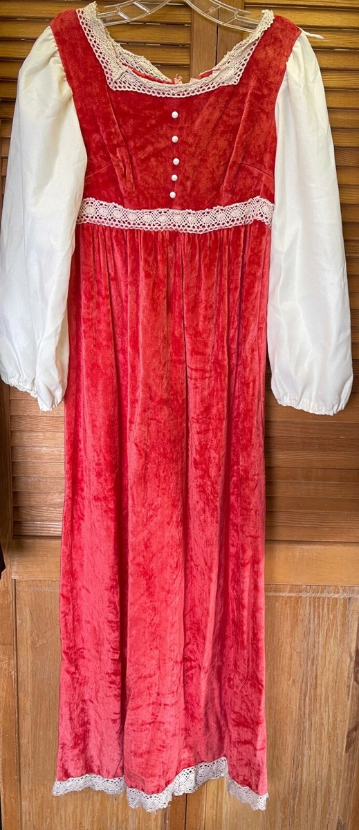 VINTAGE LONG RED CRUSHED VELVET EMPIRE WAIST 1970'S DRESS, TAG SIZE 7, CHEST 32