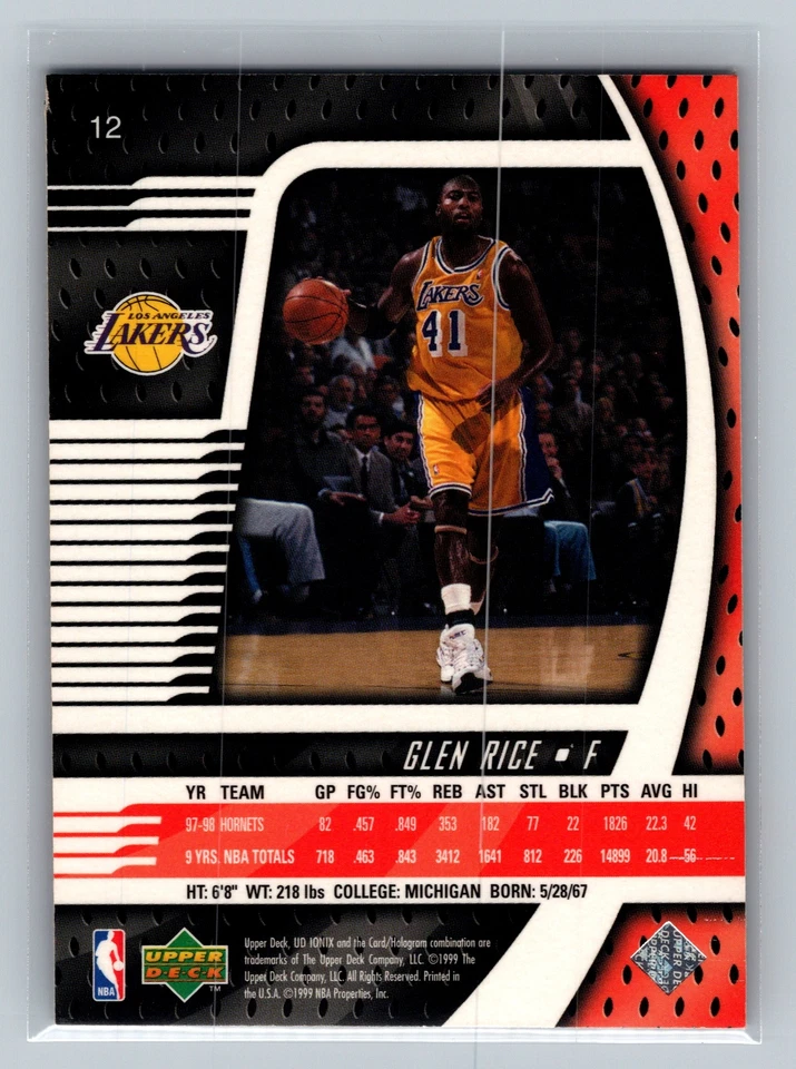 Glen Rice #12 1998-99 Upper Deck Ionix Los Angeles Lakers - Image 2 of 2