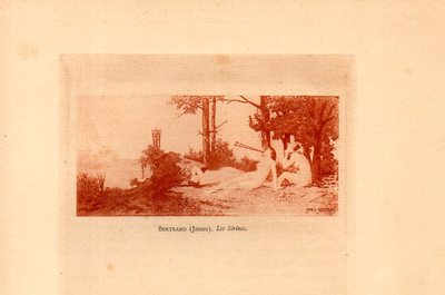 Stampa antica GIOVANI DONNE NUDE in un BOSCO Les Sirenes 1883 Old print