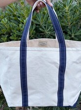 VTG L.L Bean Boat And Tote Large Canvas Bag White USA Made Blue