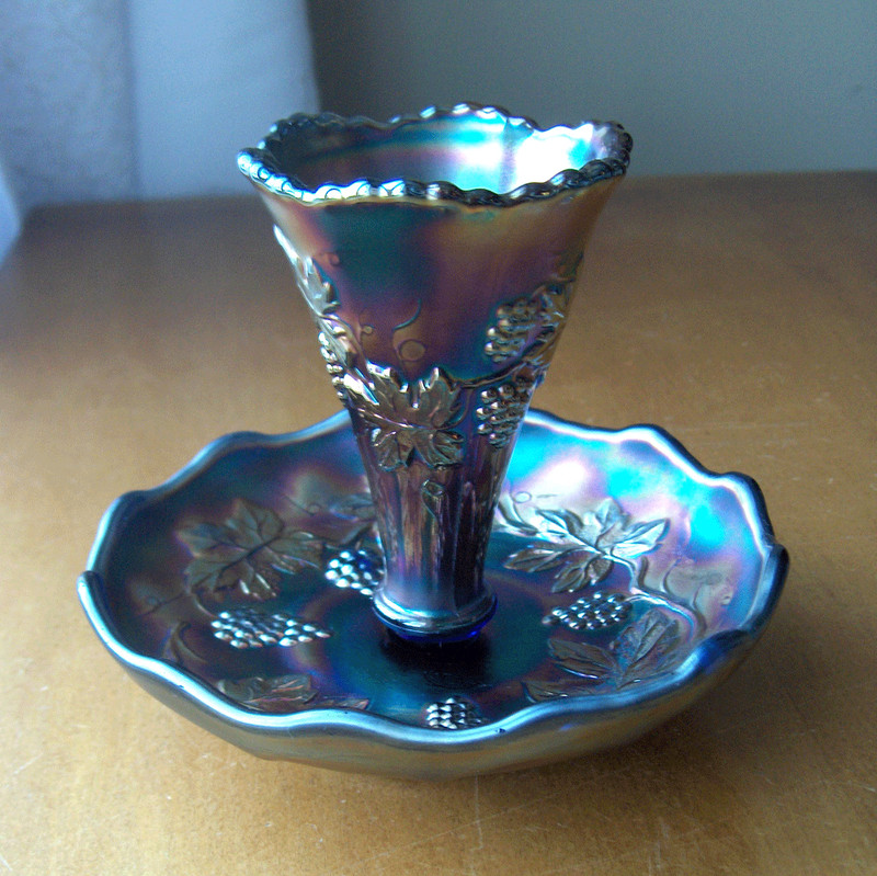 Fenton Grape & Vine Carnival glass iridized cobalt blue single horn epergne