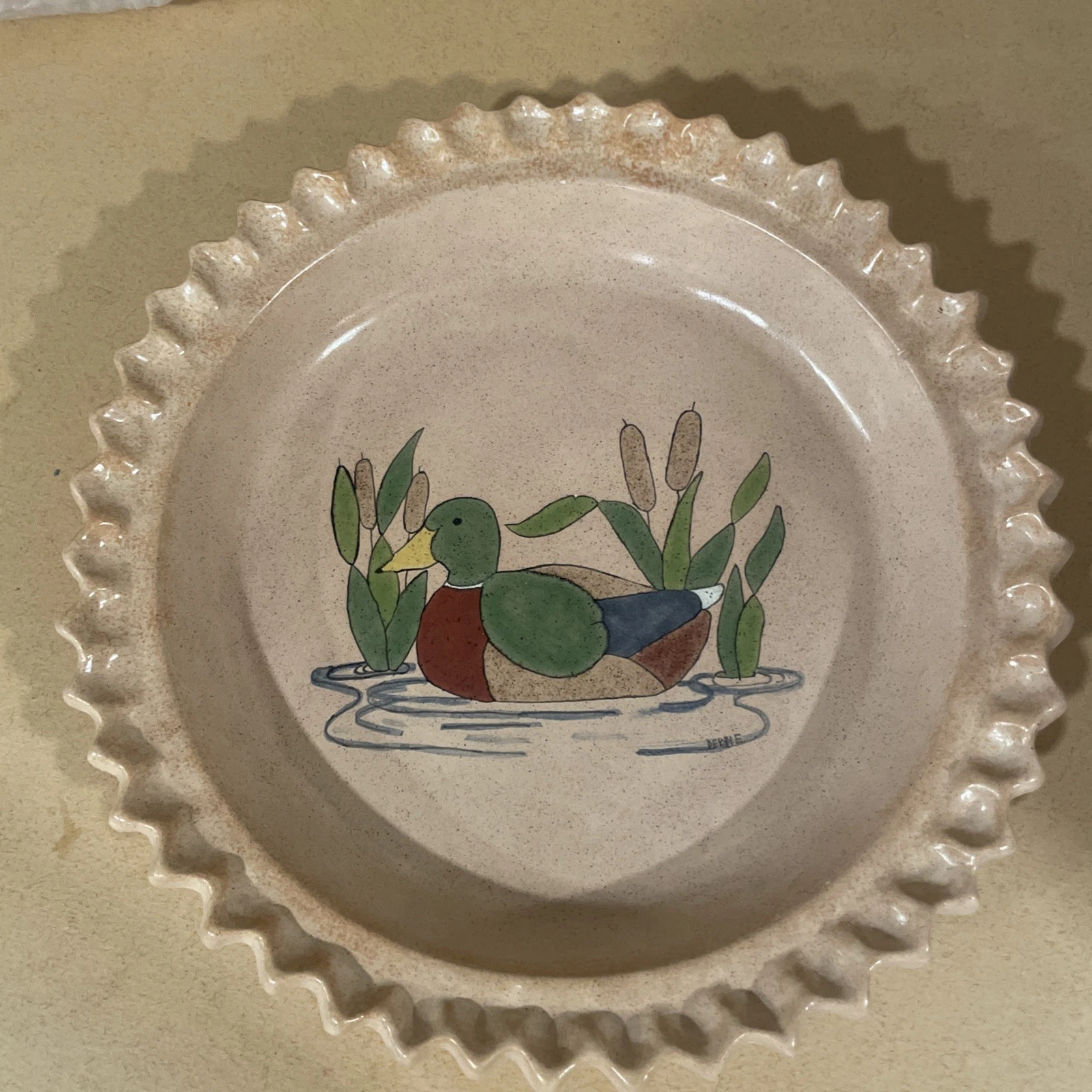 Vintage 1980s Hand painted Signed Pottery Mallard Duck Pie Plate Studio Art