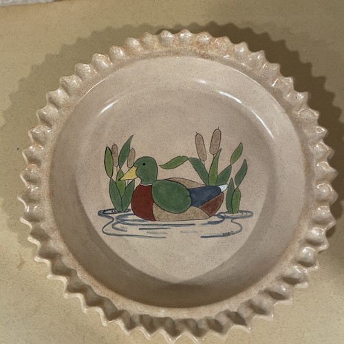 Vintage 1980s Hand painted Signed Pottery Mallard Duck Pie Plate Studio Art
