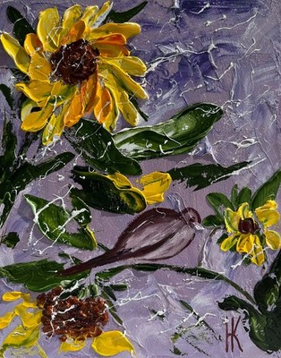 Sunflowers Painting Floral Original Art Sparrow Oil Impasto Bird Wall Art 8 x 10