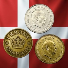 Lot of 3 Different Denmark 1 Krone Coins - 1925, 1957 & 1963 - Combined Ship