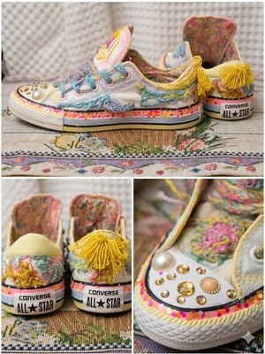 OOAK Custom Converse All Star Low Top Shoes hand -Stitched Fiber Art Boho Gem 6