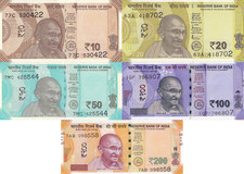India 10 20 50 100 200 Rupees 2017-2022 P 109-113 UNC Random Year Set 5 pcs