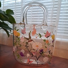 Hand Painted Glass Purse Vase w/ Flowers, Butterflies  Crystals - Spring Decor
