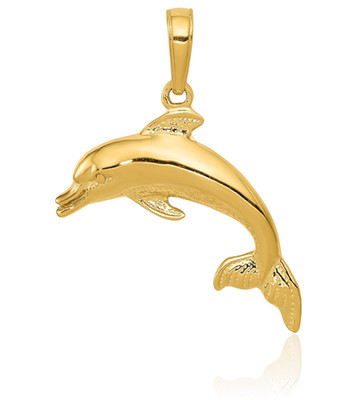 10K massives Gelbgold Medium Delfin Anhänger Halskette 24mm 0,9 Zoll poliert