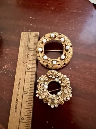 Vintage Miriam Haskell brooch Lot of two Circle Pins Gold Filligree Rhinestones
