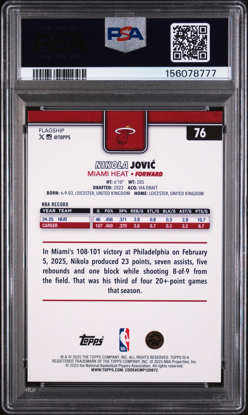 2025 TOPPS RED CRACKLEBOARD FOIL #76 NIKOLA JOVIC #/5 PSA 9 view 2