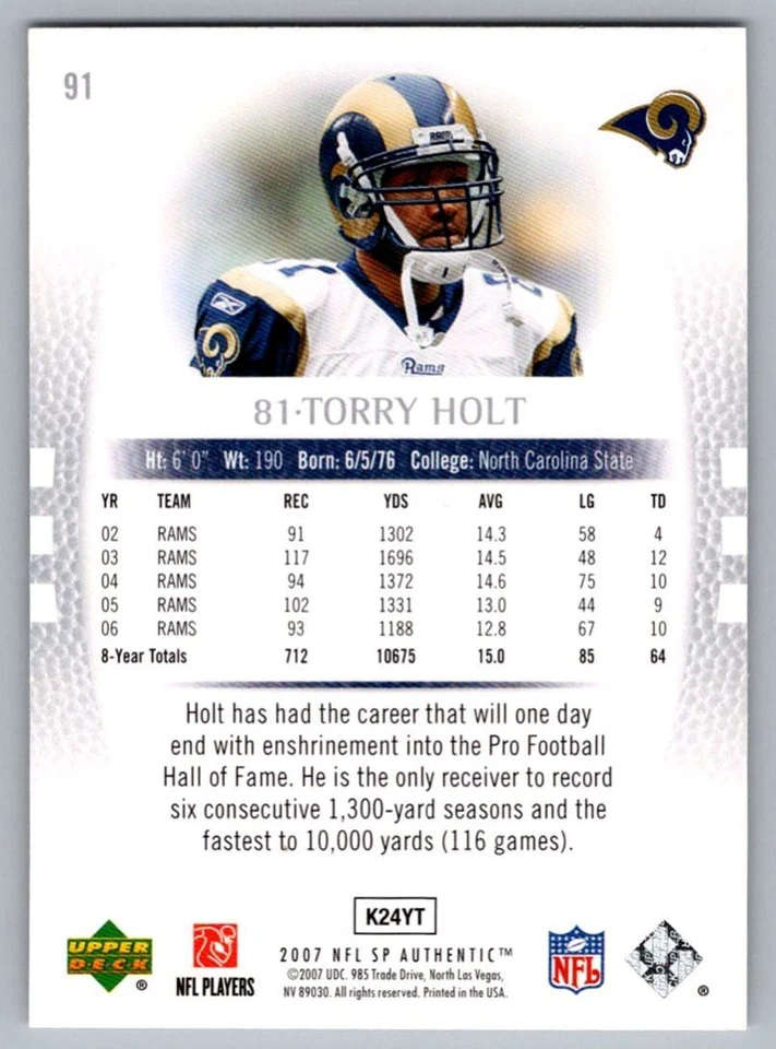 2007 SP Authentic Torry Holt St. Louis Rams #91 - Image 2 of 2