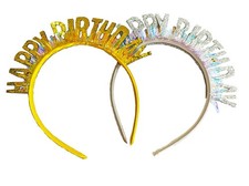 2Pcs Happy Birthday Headbands Birthday bands Silver White Tiaras and Gold Cro...