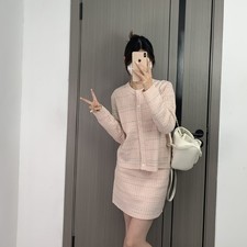 Thom Browne Womens New Striped Casual Knitted Tweed Crew Neck Cardigan Skirt Set