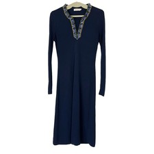 Tory Burch Navy Jeweled Y-Neck Long Sleeve Sheath Midi Dress Women's Size Small