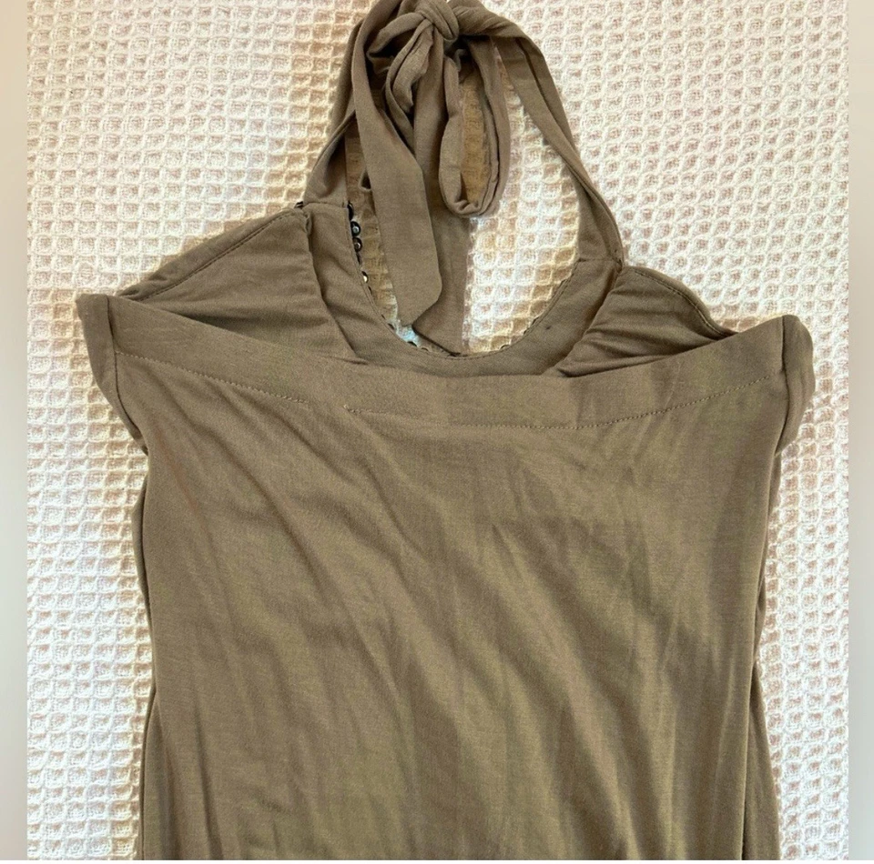 Love Culture Maxi Vestido Largo Color Topo Halter con Escote Embellecido LG Foto 3 de 4