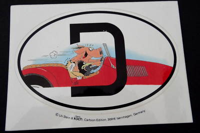 Werbe-Aufkleber Uli Stein Cartoon D Schild Schwein am Steuer Katze Maus 80er