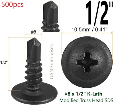 500 Self Tapping/Drilling Black Screws 1/2'' Phillips Truss Head Wafer