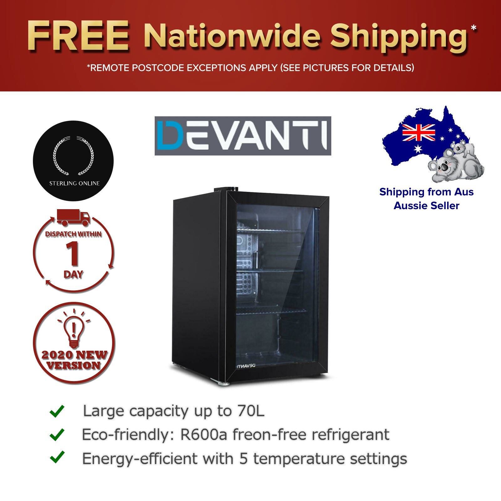 Devanti 70l Bar Fridge Glass Door Mini Countertop Freezer Fridges