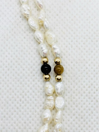 Solid 14k Yellow Gold Rice Pearl Natural Stones Beaded Necklace 24” 10.7g - Picture 7 of 10