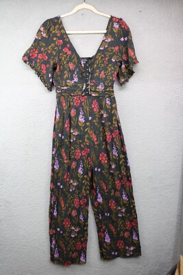 American Eagle Floral Gauzy Jumpsuit-Size 6-Whimsigoth-Pockets-Wide Leg-Smocked