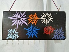 Handmade wood hand painted jewelry key dog leash holder with hooks fireworks