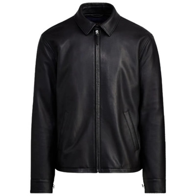 Lauren Ralph Design Black Collar Leather Jacket Motorcycle Biker Casual Men
