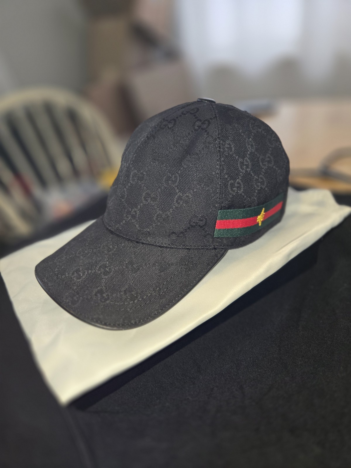 Gucci Medium Black GG Canvas Velco Back Hat with Web Stripe Detail BRAND NEW.