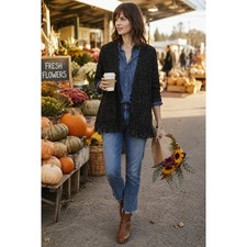 Madewell Open-Front Cardigan Sweater Fringe Hem Long Sleeve Black XS Boho