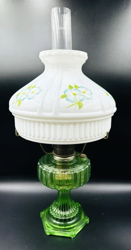 Vintage Aladdin Uranium Glass Nu Type Model B Oil Lamp W/Floral Milk Glass Shade