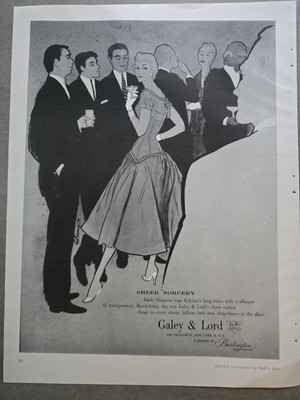 1955 Womens Adele Simpson cotton dress Galey & Lord vintage fashion art ad