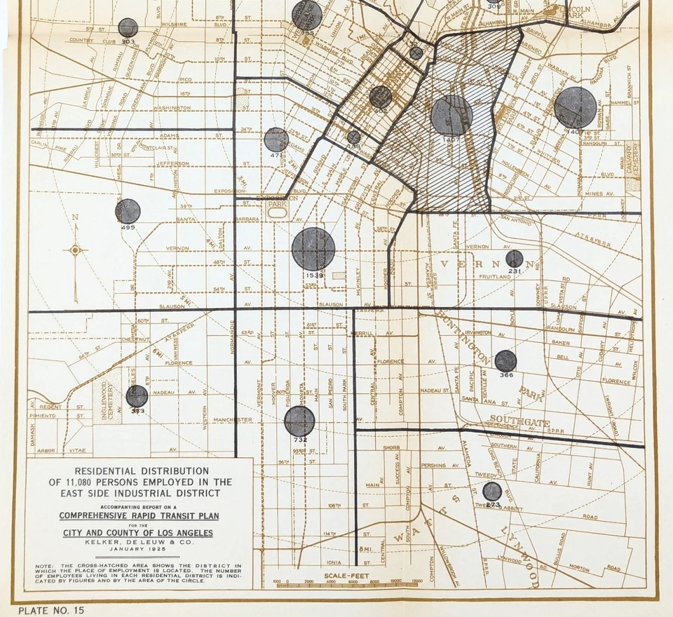 1925 LOS ANGELES - MAPA DE TRÁNSITO RÁPIDO DISTRITO INDUSTRIAL LADO ESTE original Foto 3 de 4
