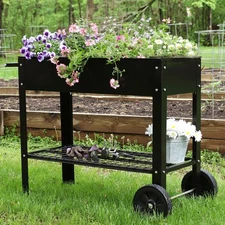 43 in Galvanized Steel Mobile Raised Garden Bed Cart - Black by Sunnydaze