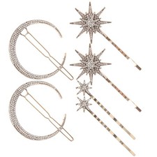 6 PCS Gold Star Moon Hair Clips Rhinestone Metal Alloy Hairpins for Women