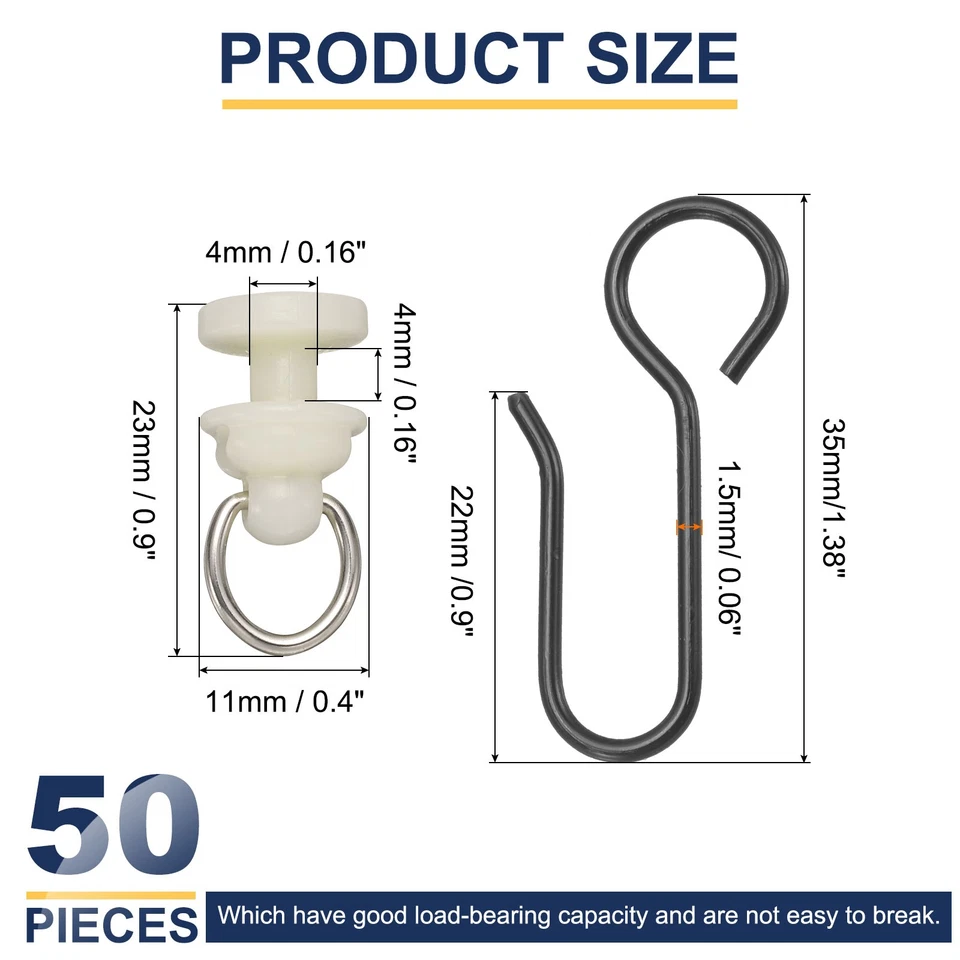 50 Sets Curtain Track Glider Pulley Curtain Track Rollers with Hooks,White/Black - Image 2 of 4