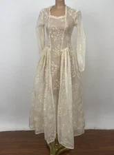 Special Antique 1930s Cream Organdy Gown with Floral Flocking and peplum AS IS