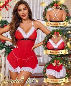 RSLOVE Women's Red Red Sexy Christmas Lingerie Santa Babydoll Lace Chemises M