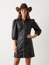 H&M Faux Leather Puff Sleeve Mini Dress Sz 4 Black Vegan Button Down City Rodeo