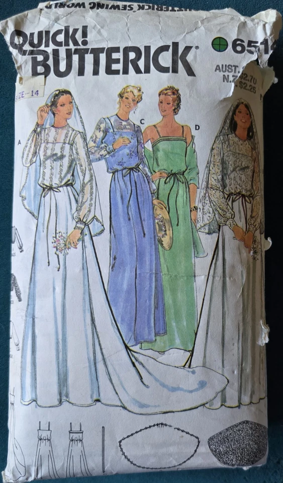 1980s Blouson Lantern Sleeve Train Wedding Dress Butterick 6514 Sewing Pattern - Image 2 of 3