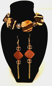 8" 1/2 Bracelet mix brown square Beads  Clear Spacers-3" 1/2 Earring Set w/Clasp