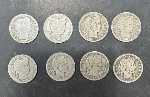 N5 Lot of (8) Barber Silver Quarter Coins 1899 1900 1902 1908-O 1909 1914 1915-D