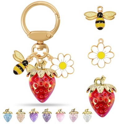 #ad Strawberry Bag Charm with Flower amp; Bee for Handbags or Wallet Cute Strawberr... $8.88