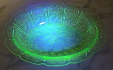 Vintage Jeanette Cherry Blossom Green Glass 9" Oval Serving Bowl - UV Glow