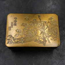 Chinese Brass Ink Box Qing Dynasty Mark Calligraphy Desk Decor Drunken Scene Art