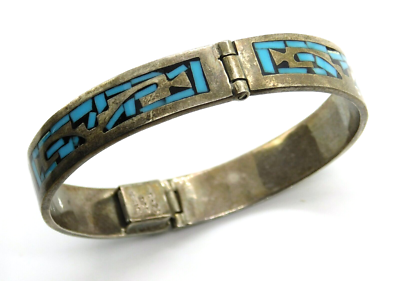 Mexico silver ターコイズ バングル　ブレスレット　 Taxco Taxco Mexico 925 Sterling Silver Turquoise Tribal Pattern Hinged