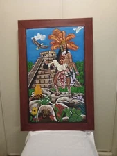 ACRYLIC PAINTING ON CANVAS. HAND PAINTED. OF AN AZTEC WARRIOR AND AN AZTEC WOMAN