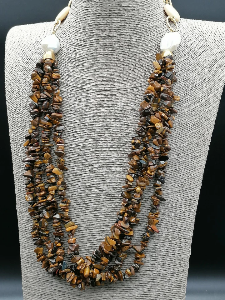 collana marrone da donna in vero occhio di tigre perle bianche barocche  argento - Immagine 2 di 4